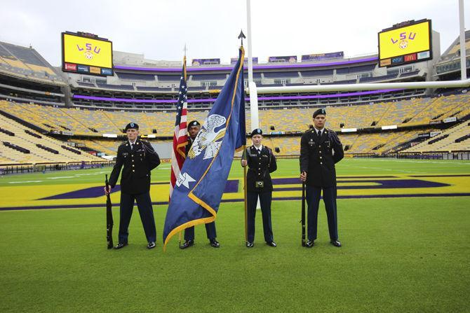 Cadets stand in position during the ceremony held to commemorate those that are prisoners of war and missing in action with the unavailing of a seat for those veterans in Tiger Stadium, on Nov. 9, 2017.