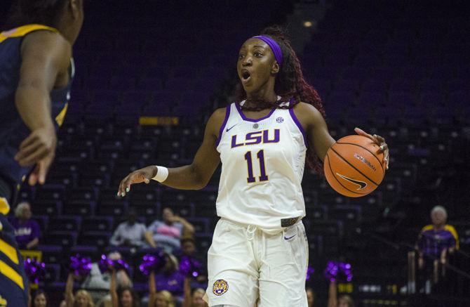 LSU senior guard Raigyne Louis (11) calls a play during the Tigers' 96-34 victory against Mississippi College on Sunday, Nov. 5, 2017, in the Pete Maravich Assembly Center.