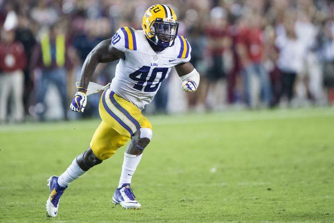 LSU sophomore linebacker Devin White (40) takes off after the snap during the Tigers' 24-10 loss against Alabama on Nov. 4, 2017, at Bryant-Denny Stadium.