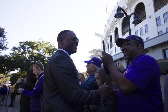 LSU football players interact with fans on Victory Hill before the game against Arkansas, on Saturday Nov. 11, 2017.