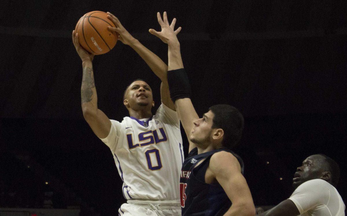 LSU junior guard Brandon Sampson (0) attempts to shoot the ball during the Tigers&#8217; 105-86 victory over Samford on Thursday, Nov. 16, 2017, in the Pete Maravich Assembly Center.