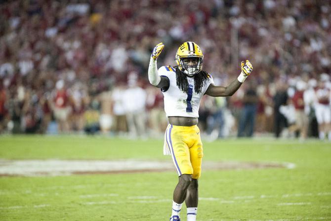 LSU junior defensive back Donte Jackson (1) gets the crowd pumped up during the Tigers' 10-24 loss to the University of Alabama on Saturday, Nov. 4, 2017, in Bryant&#8211;Denny Stadium in Tuscaloosa.