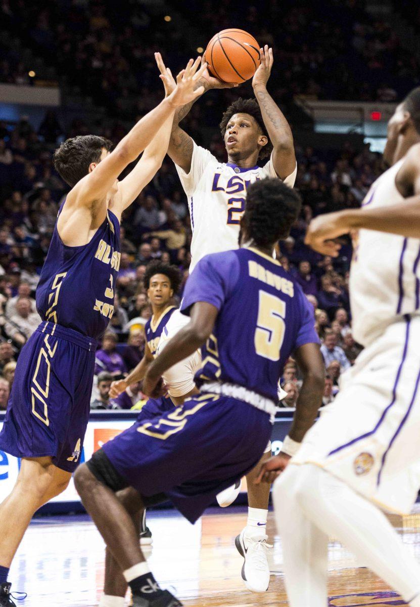 LSU junior forward Brandon Rachal (2) jumps for a shot during LSU's 99-59 win over Alcorn on Friday Nov. 10, 2017, in the PMAC.