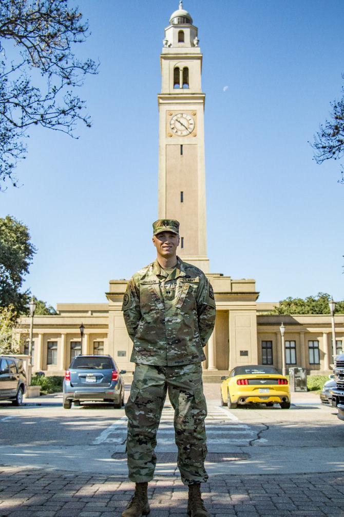 Voted nationally the #1 cadet, Army ROTC cadet and LSU Construction Management senior Michael Orgeron sits outside Memorial Tower on Friday, Nov. 10, 2017.