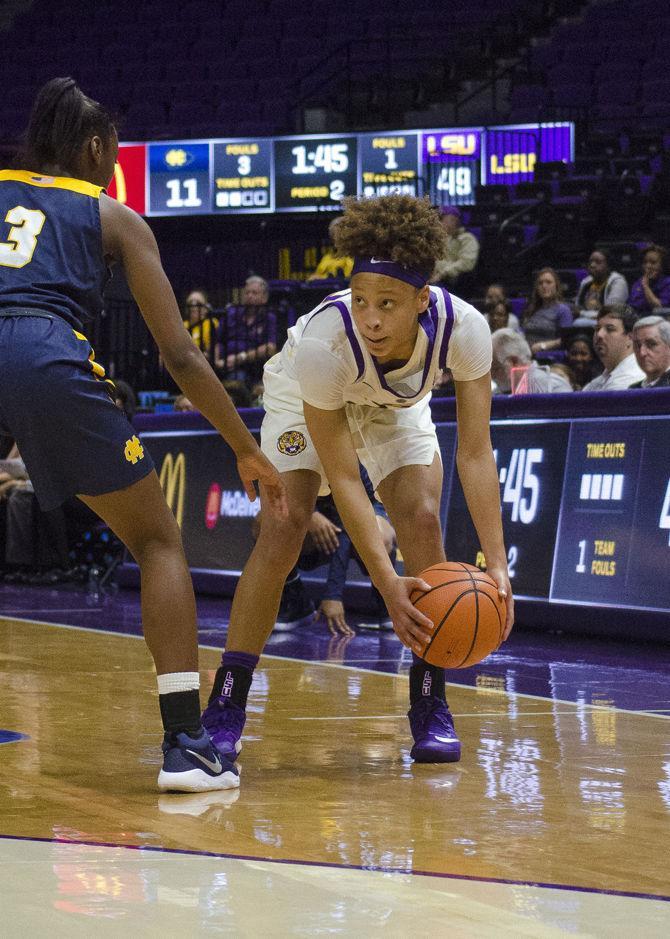 LSU freshman guard Jailin Cherry (30) looks for an open teammate during the Tigers' 96-34 victory against Mississippi College on Sunday, Nov. 5, 2017, in the Pete Maravich Assembly Center.