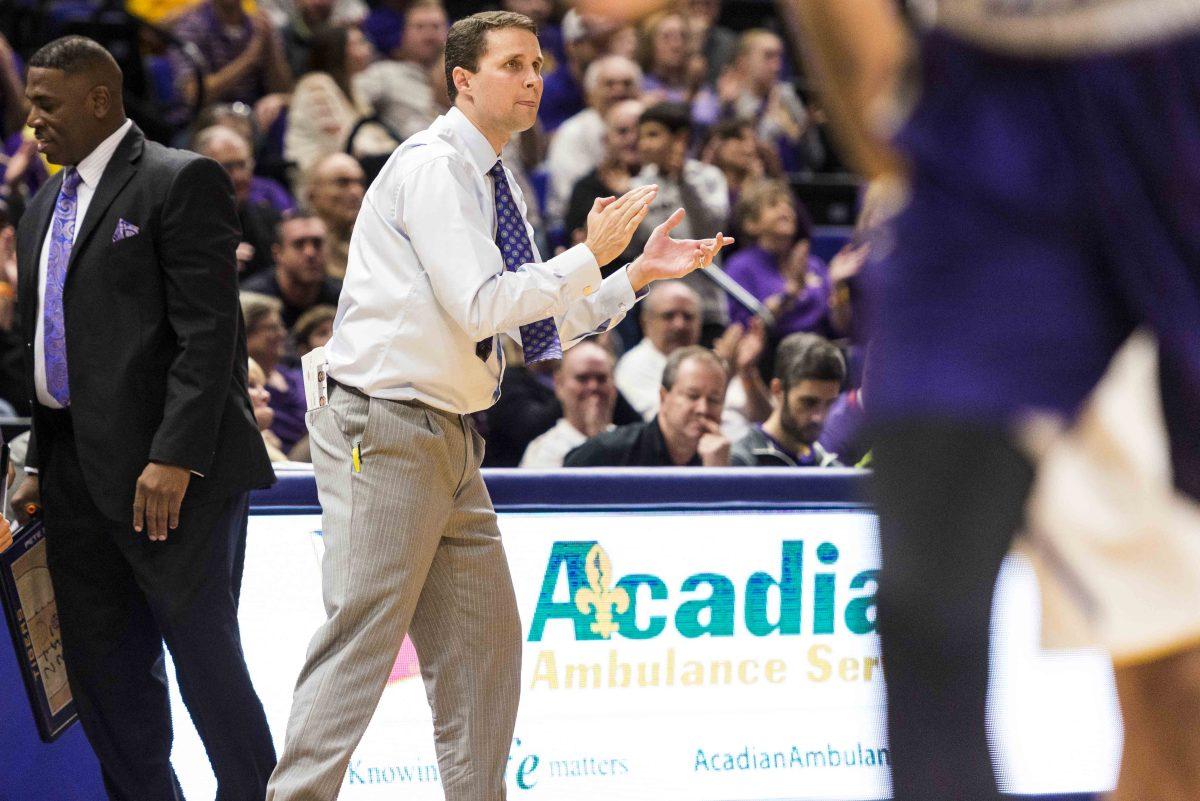 LSU head mens basketball coach Will Wade cheers on his team from the sideline during LSU's 99-59 win over Alcorn on Friday Nov. 10, 2017, in the PMAC.