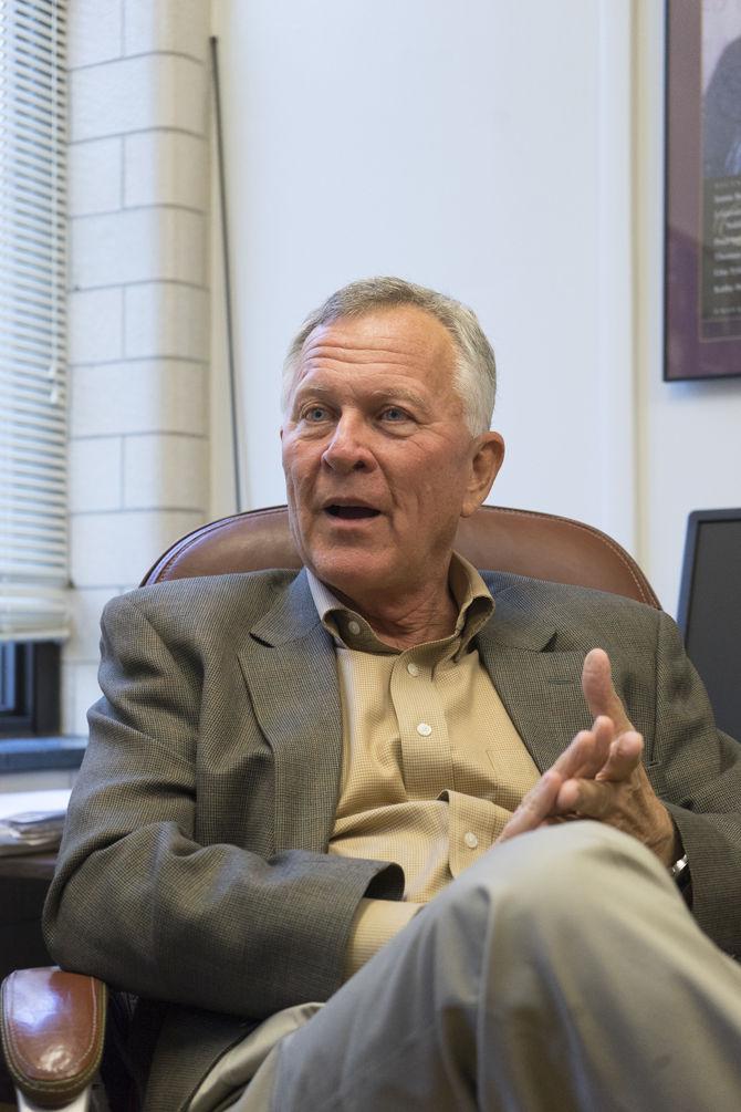 University Boyd Professor of English J. Gerald Kennedy speaks about his latest book, Strange Nation, and of its purpose and inspirations on Nov. 21, 2016 in his office in Allen Hall.