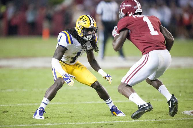 LSU junior defensive back Donte Jackson (1) blocks Alabama redshirt senior wide receiver Robert Foster (1) during the Tigers' 10-24 loss to the University of Alabama on Saturday, Nov. 4, 2017, in Bryant&#8211;Denny Stadium in Tuscaloosa.