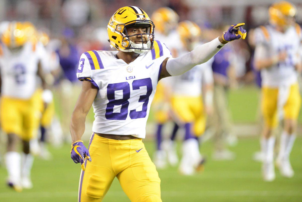 LSU senior wide-receiver Russell Gage (83) takes to the field for warm-ups before the Tigers' 24-10 loss against Alabama on Nov. 4, 2017, at Bryant-Denny Stadium.