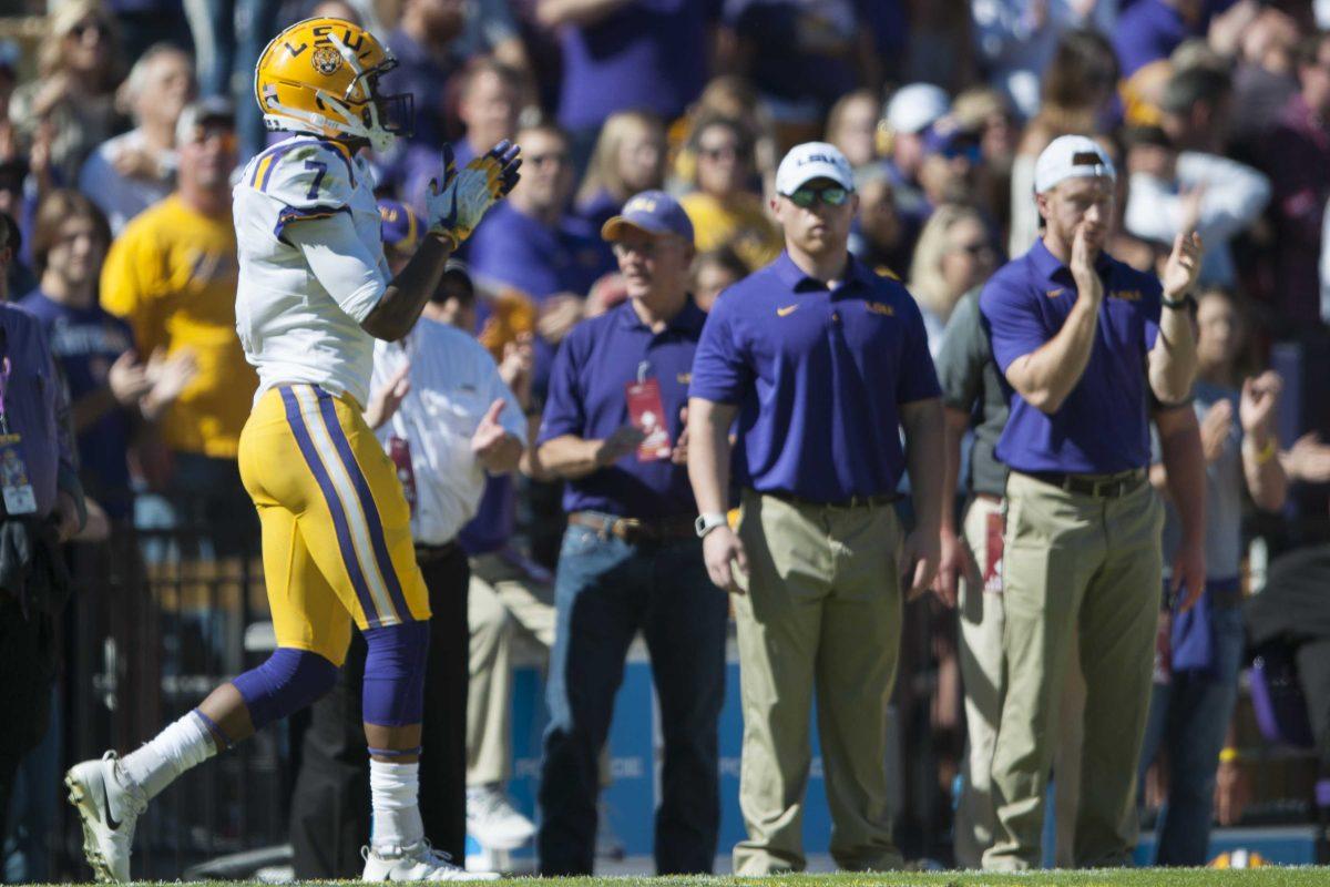 LSU senior wide receiver DJ Chark (7) claps after completing a pass during The Tigers' game against Arkansas on Saturday, Nov. 11, 2017.