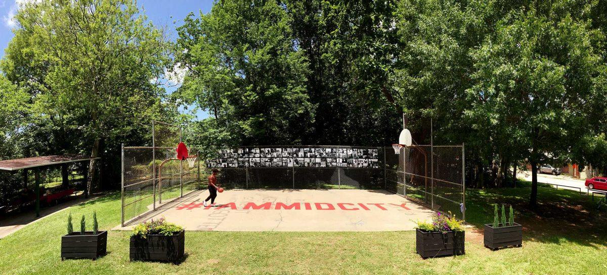 Mid City Studio's Spain Street Park installation, complete with the #IAMMIDCITY hashtag and photos taken by children enrolled in Mid City Studio's education program.&#160;