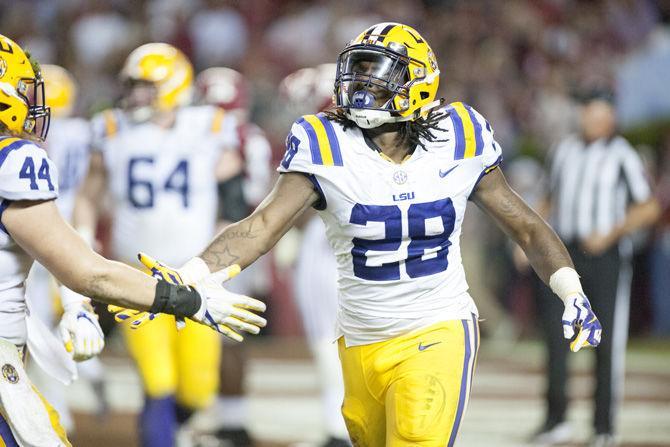 LSU senior running back Darrel Williams (28) celebrates during the Tigers' 10-24 loss to the University of Alabama on Saturday, Nov. 4, 2017, in Bryant&#8211;Denny Stadium in Tuscaloosa.