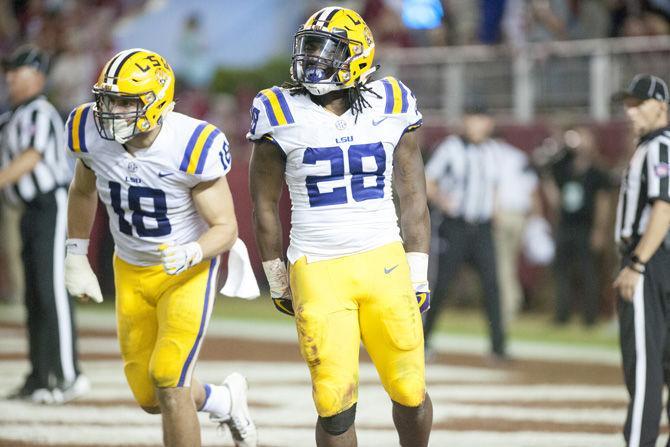 LSU senior running back Darrel Williams (28) celebrates during the Tigers' 10-24 loss to the University of Alabama on Saturday, Nov. 4, 2017, in Bryant&#8211;Denny Stadium in Tuscaloosa.