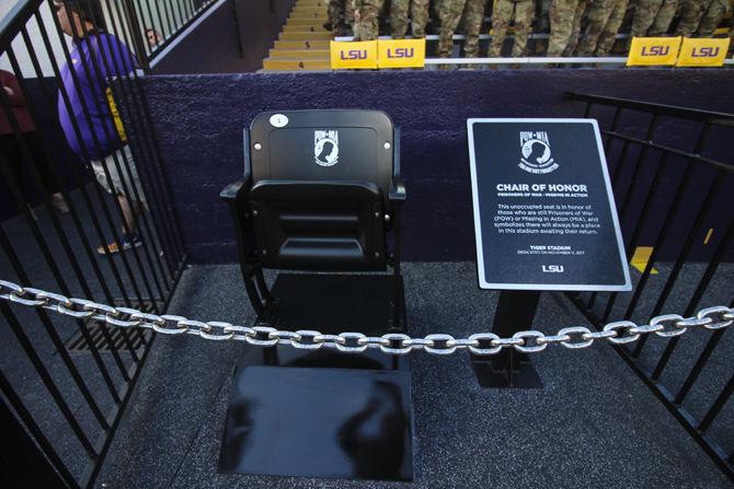 A ceremony is held to commemorate those that are prisoners of war and missing in action with the unavailing of a seat for those veterans in Tiger Stadium, on Nov. 9, 2017.