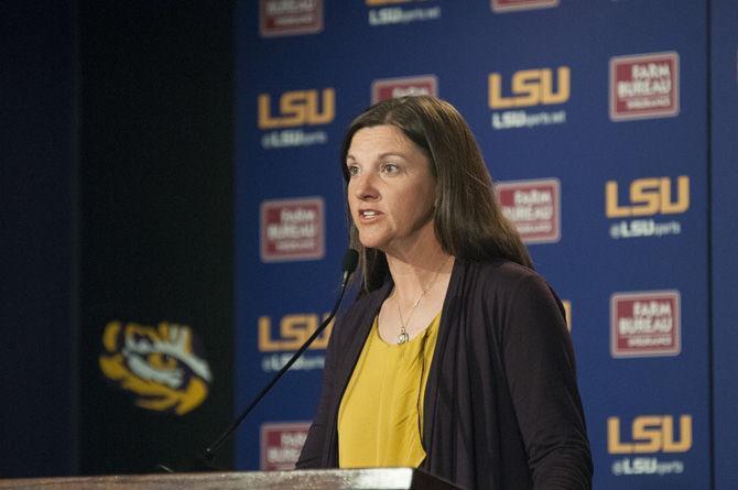 LSU softball head coach Beth Torina addresses the media on Monday, Feb. 6, 2017 for the first time this season.