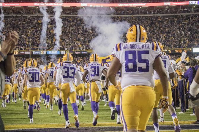 The Tigers take the field before their 45-21 victory against Texas A&amp;M on Saturday, Nov. 25, 2017, in Tiger Stadium.