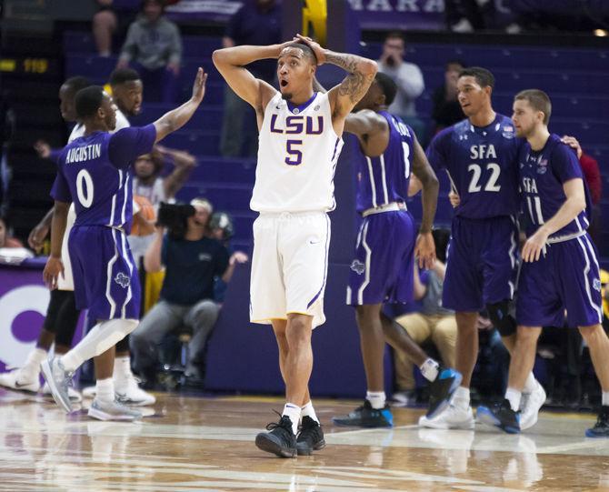 LSU junior guard Daryl Edwards (5) looks shocked during the Tigers' 82-83 loss against the Stephen F. Austin Lumberjacks on Saturday, Dec. 16, 2017, in the PMAC.