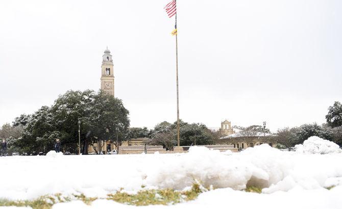 Snow covers LSU on Friday, Dec. 8, 2017, on campus in Baton Rouge.