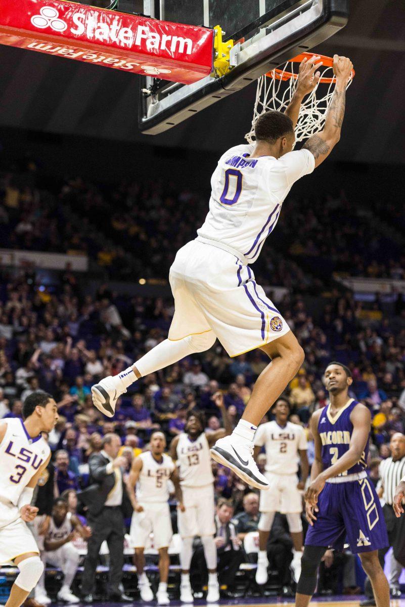 LSU junior guard Brandon Sampson (0) dunks the ball during LSU's 99-59 win over Alcorn on Friday Nov. 10, 2017, in the PMAC.