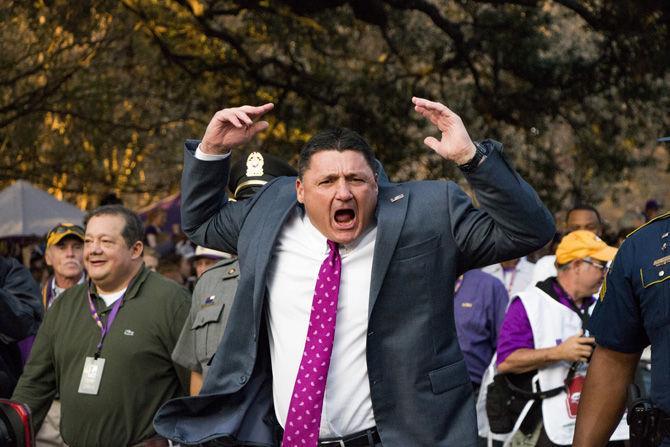 Coach Ed Orgeron pumps up the crowd on Victory Hill before the LSU vs. A&amp;M football game on Saturday, Nov. 25, 2017.