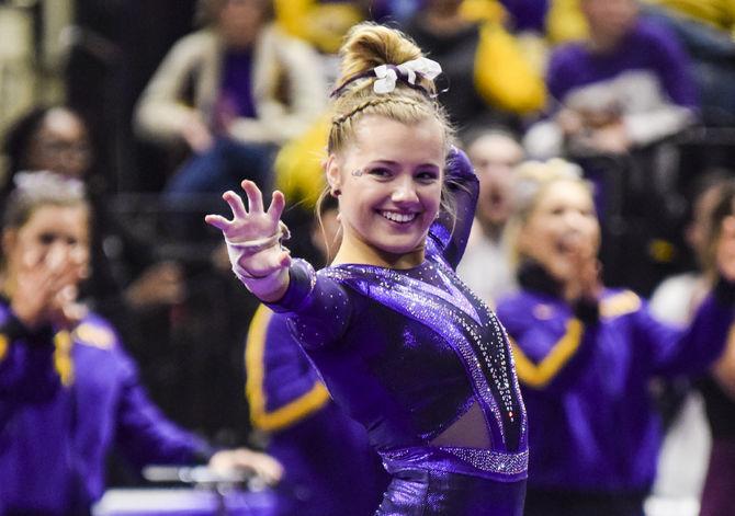 LSU all around freshman Sarah Edwards performs her floor routine during the Tigers' 197.15-195.350 victory against Arkansas on Friday, Jan. 5, 2018, in the PMAC.