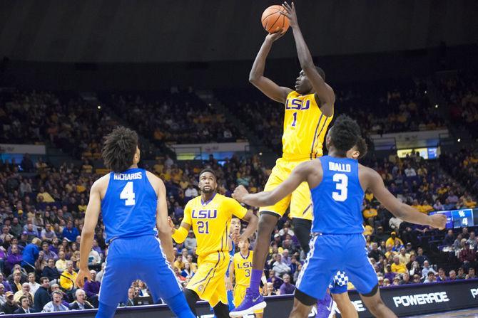 LSU senior forward Duop Reath (1) shoots during the Tigers' 74-71 loss to Kentucky on Wednesday, Jan. 3, 2018, in the PMAC.