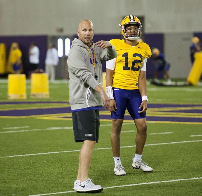 LSU offensive coordinator Matt Canada directs offensive players during the spring football practice on Thursday, March 30, 2017 at the Charles McClendon LSU football practice facility.