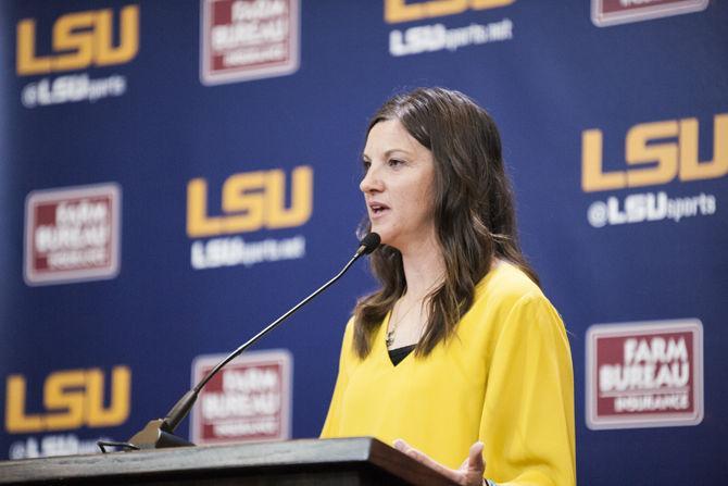 LSU softball coach Beth Torina speaks to the media during softball media day in the Bill Lawton Room on Tuesday, Jan. 30, 2018.