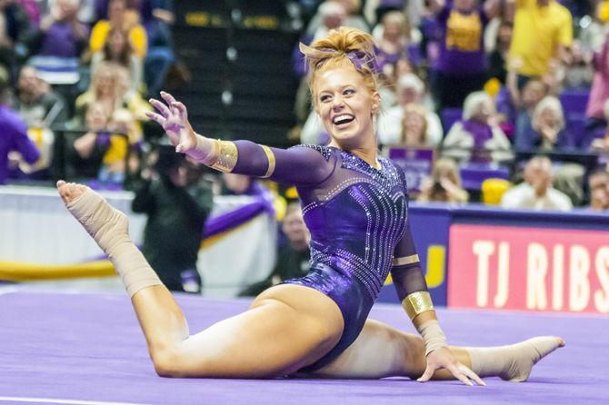 LSU junior all-around Julianna Cannamela finishes her floor routine during the Tigers' 197.450-196.725 victory against Alabama on Friday, Jan. 19, 2018, in the PMAC.