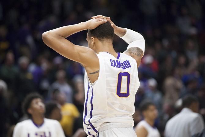 LSU junior guard Brandon Sampson (0) reacts after the Tigers' 60-61 loss to Georgia on Tuesday, Jan. 16, 2018, in the PMAC.