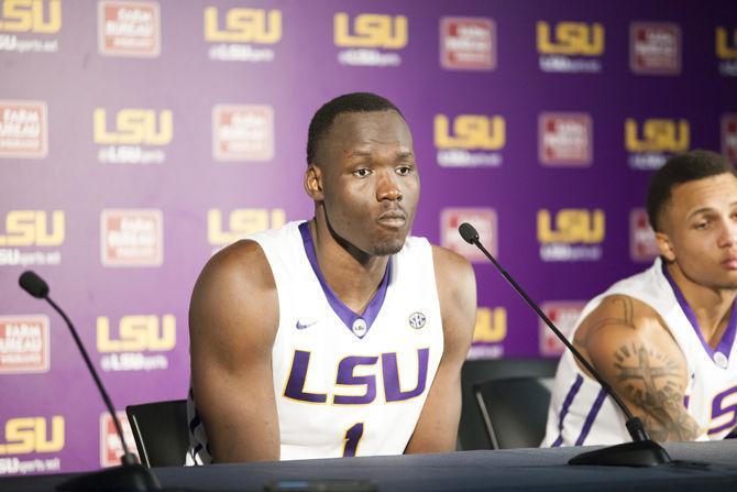 LSU senior forward Duop Reath (1) speaks at the press conference after the Tigers' 60-61 loss to Georgia on Tuesday, Jan. 16, 2018, in the PMAC.