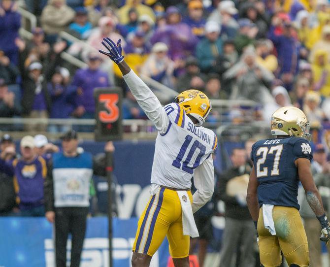 LSU sophomore wide receiver Stephen Sullivan (10) celebrates during the Tigers' 17-21 loss to Notre Dame in the Citrus Bowl on Monday, Jan. 1, 2018 in Camping World Stadium in Orlando, Florida.