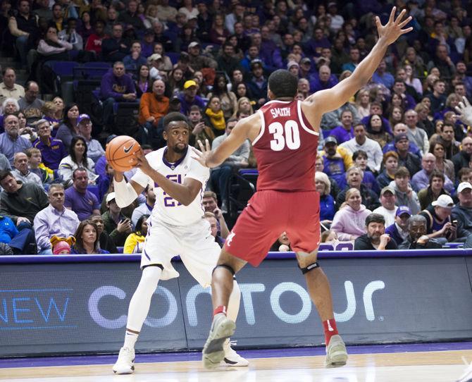 LSU senior forward Aaron Epps (21) attempts a shot during the Tigers' 66-74 loss to Alabama on Saturday, Jan. 13, 2018, in the PMAC.