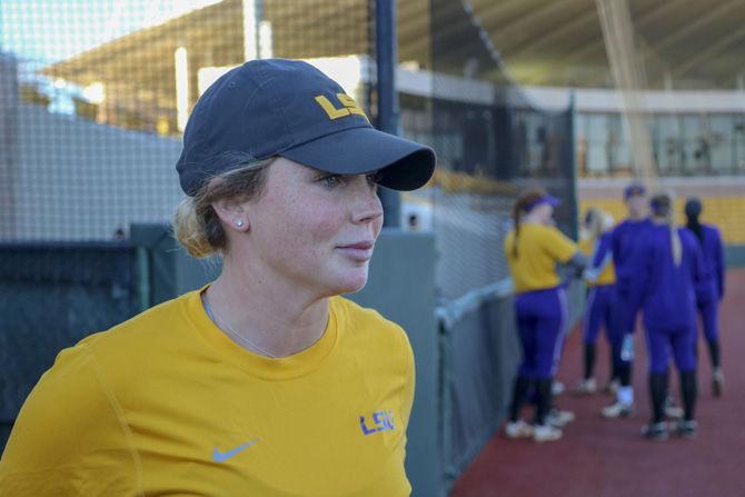 LSU senior outfielder Emily Griggs (9) describes her excitement for the first softball practice of the season on Saturday, Jan. 6, 2018 at Tiger Park.