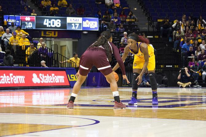 LSU senior guard Raigyne Louis (11) runs point on Sunday, Jan. 7, 2018, during the Tigers&#8217; 83-70 loss against Mississippi State in Pete Maravich Assembly Center.