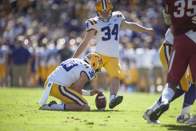 LSU freshman placekicker Connor Culp (34) lines up to kick for a field goal during the Tigers&#8217; 33-10 victory against Arkansas on Saturday, Nov. 11, 2017, in Tiger Stadium.