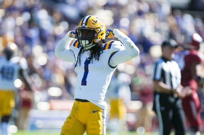 LSU junior defensive back Donte Jackson (1) celebrates after making a great play during the Tigers&#8217; 33-10 victory against Arkansas on Saturday, Nov. 11, 2017, in Tiger Stadium.