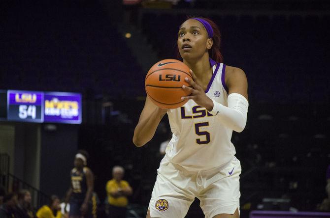 LSU sophomore forward Ayana Mitchell (5) shoots the ball during the Tigers' 96-34 victory against Mississippi College on Sunday, Nov. 5, 2017, in the Pete Maravich Assembly Center.