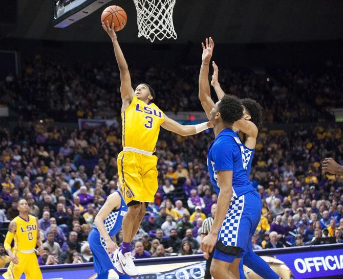 LSU freshman guard Tremont Waters (3) shoots a layup during the Tigers' 74-71 loss to Kentucky on Wednesday, Jan. 3, 2018, in the PMAC.