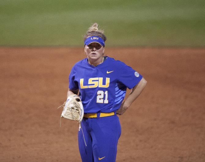 LSU junior pitcher Carley Hoover (21) readies for play during the Tigers' 3-0 loss to Minnesota on Saturday, March 4, 2017 at Tiger Park.