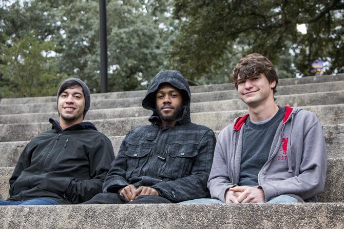 Members of Catbamboo &#8212; (from left to right) guitarist Fran Garcia, guitarist Ky Williams and bassist Eric Stewart &#8212; sit in the Greek Theater at LSU on Friday, Jan. 12, 2018.