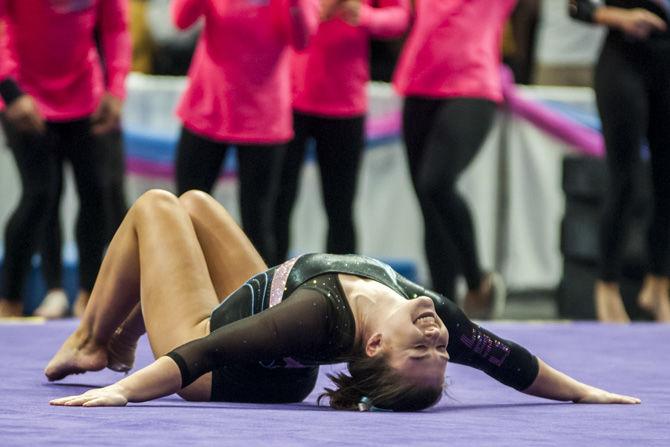 LSU sophomore&#160;all-arounder Ruby Harrold competes in the floor competition during the Tigers' 198.175-194.200 victory over Texas Woman's University on Sunday, Feb. 18, 2018.