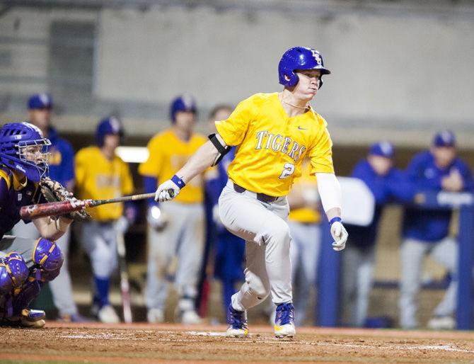 LSU freshman outfielder Daniel Cabrera (2) makes contact with the ball on Thursday, Nov. 9, 2017, at the Purple-Gold scrimmage at Alex Box Stadium.