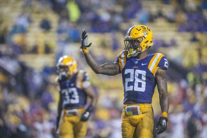 LSU senior safety Jalen Mills (28) stands on the field after a defensive play during the Tigers&#8217; 48- 20 victory against Western Kentucky on Saturday, Oct. 24, 2015 in Tiger Stadium.