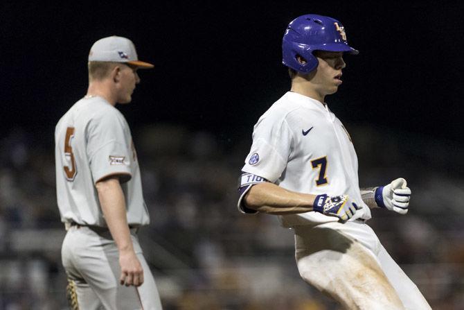 LSU junior catcher Hunter Feduccia (7) runs to first base during the Tigers&#8217; 13-4 victory over the University of Texas Longhorns in Alex Box Stadium on Friday, Feb. 23, 2018.