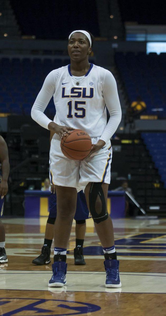 LSU freshman center Yasmine Bidikuindila (15) shoots a free throw during the Lady Tigers' 81-34 win against LeMoyne-Owen on November 6, 2016 in the Pete Maravich Assembly Center.