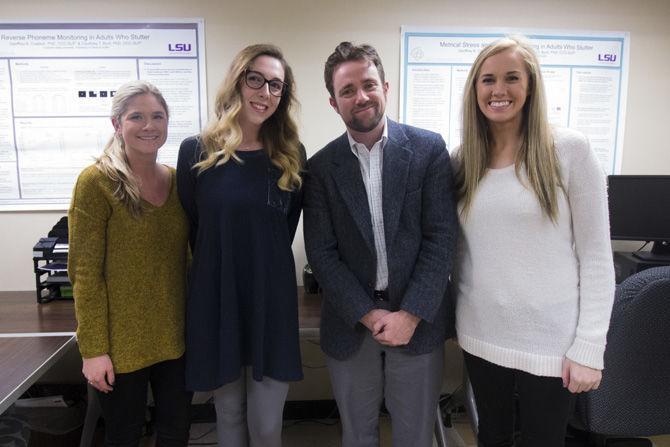 LSU communication sciences and disorders senior Mary Claire Fontenot, Ph.D. student Shanley Treleaven, Director of LSU Stuttering Lab Geoffrey A. Coalson and communication sciences and disorders senior Andi Gugliuzza stand inside of their Developmental Stuttering Laboratory in the basement of Hatcher Hall, on Jan. 31, 2018.