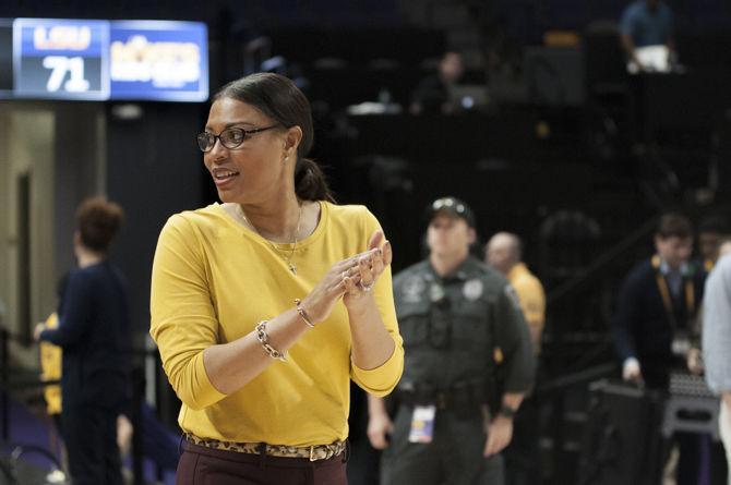 LSU women's basketball coach Nikki Fargas congratulates her team after LSU's 71-60 victory over the Georgia Bulldogs on Thursday, Feb. 1, 2018, in the PMAC.