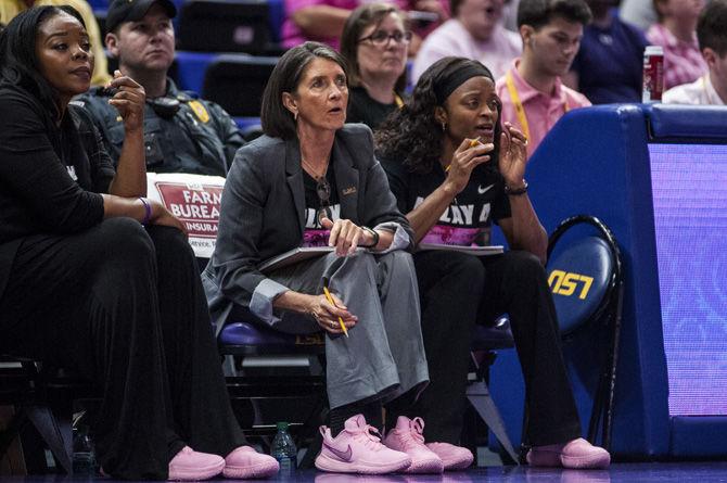 LSU coach Mickie DeMoss watches her team from the sidelines during the Tigers' 84-55 win against Ole Miss on Thursday, Feb. 15, 2018, in the PMAC.