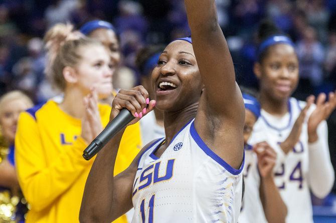 LSU senior guard Raigyne Louis (11) celebrates her last few moments on the team after the Tigers' 79-78 win against Alabama on Sunday,&#160;Feb. 25, 2018, in the PMAC.